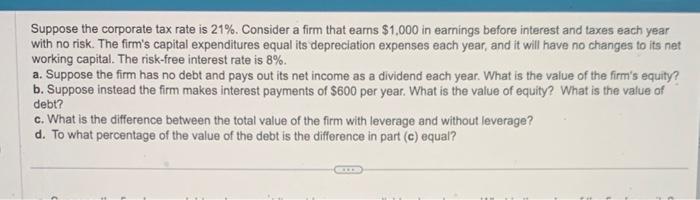 Solved Suppose The Corporate Tax Rate Is 21%. Consider A | Chegg.com