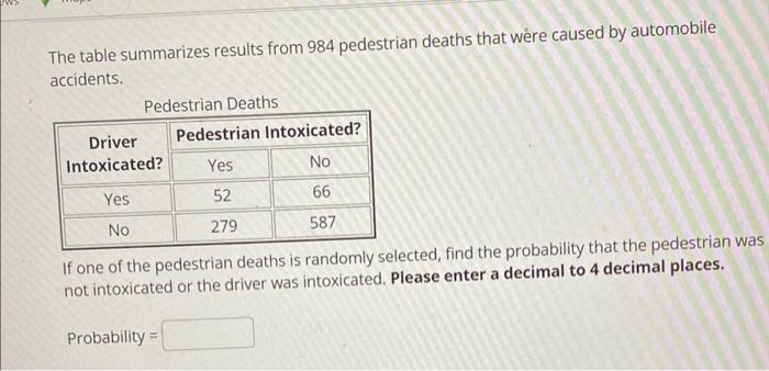 Solved The table summarizes results from 984 pedestrian | Chegg.com