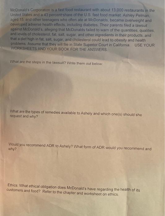 Solved Mcdonald S Corporation Is A Fast Food Restaurant With Chegg