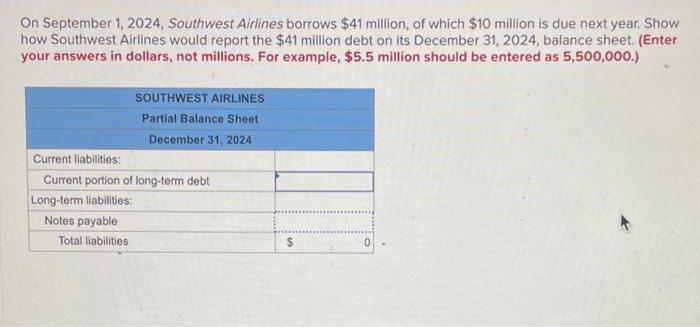 Solved On September 1, 2024, Southwest Airlines Borrows $41 | Chegg.com