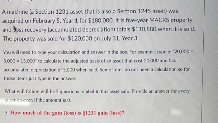 Solved A machine (a Section 1231 asset that is also a | Chegg.com