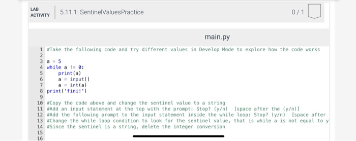 Solved LAB 5.11.1: SentinelValues Practice 0/1 ACTIVITY | Chegg.com