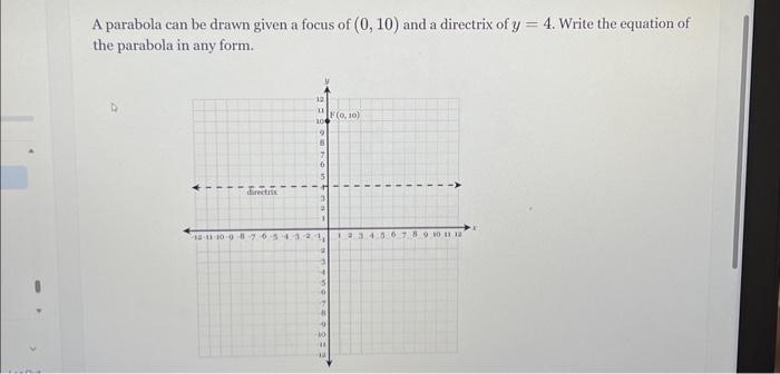 Solved A parabola can be drawn given a focus of (0,10) and a | Chegg.com