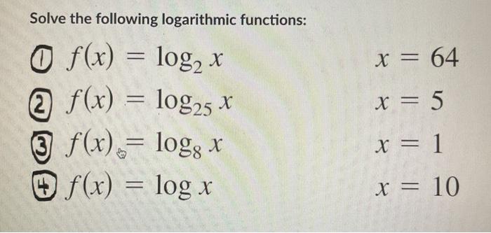 Solved Solve the following logarithmic functions: x = 64 x = | Chegg.com