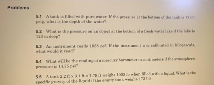 Solved Problems 5.1 A tank is filled with pure water. If the | Chegg.com
