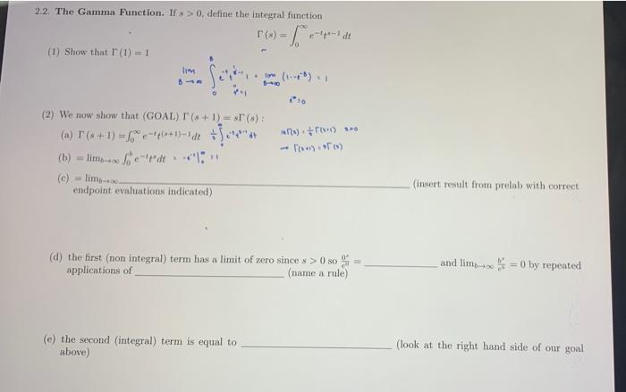 Solved 2.2. The Gamma Function. If > 0, Define The Integral | Chegg.com