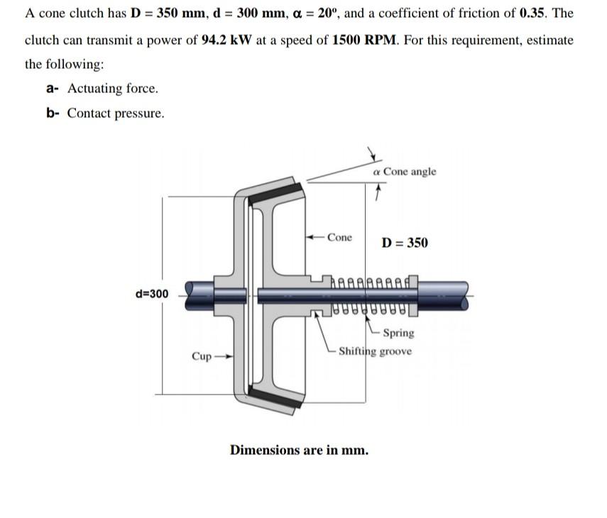 Solved A cone clutch has D = 350 mm, d = 300 mm, a = 20°,