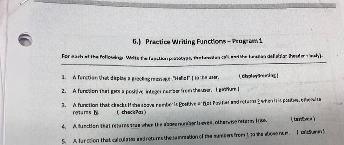 Solved 6.) Practice Writing Functions- Program 1 For each of | Chegg.com