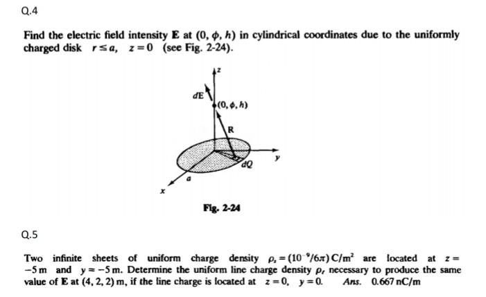Solved Q.4 Find the electric field intensity E at (0, 0, h) | Chegg.com