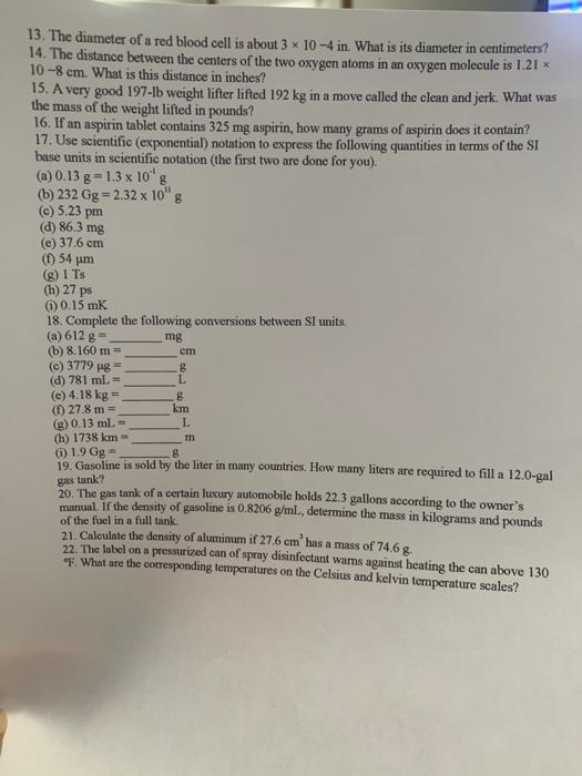 Solved 13. The diameter of a red blood cell is about 3 * 10 | Chegg.com