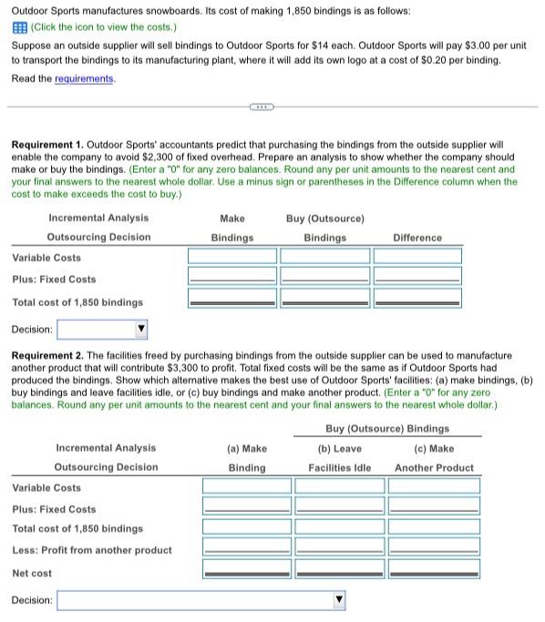 Solved Outdoor Sports manufactures snowboards. Its cost of