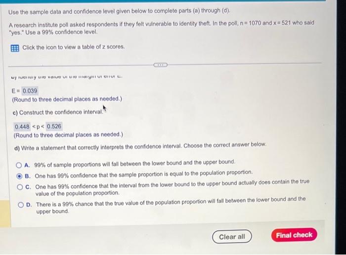 Solved Use the sample data and confidence level given below | Chegg.com