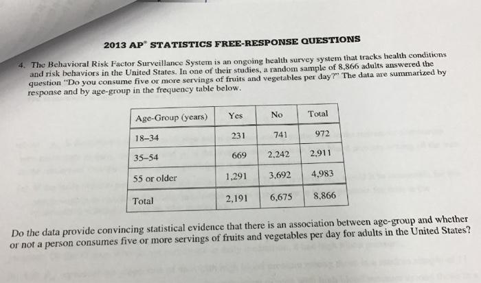 Solved 2013 AP* STATISTICS FREE-RESPONSE QUESTIONS 4. The | Chegg.com