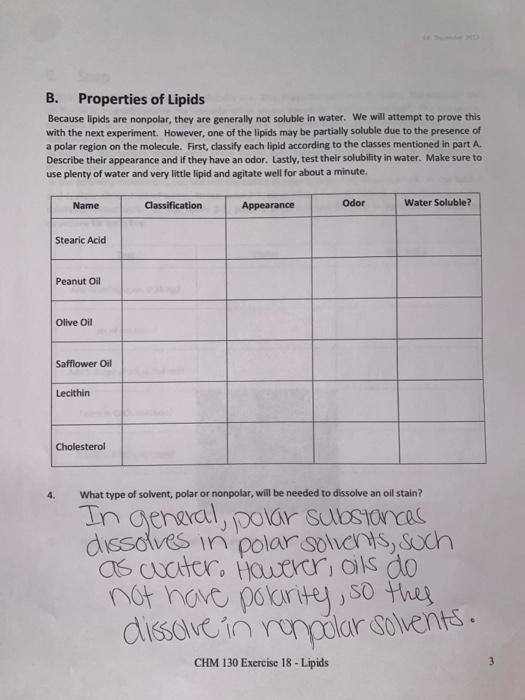 Solved B. Properties of Lipids Because lipids are nonpolar,