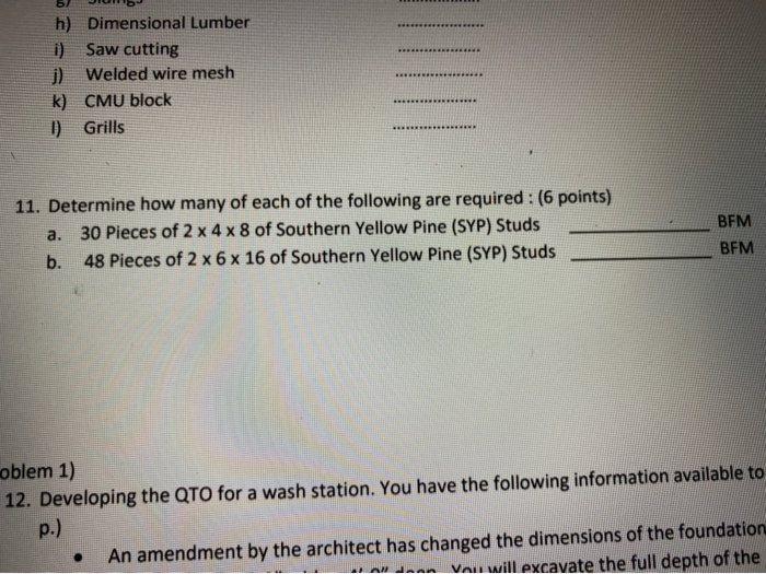 Solved ***** - H) Dimensional Lumber I) Saw Cutting J) | Chegg.com