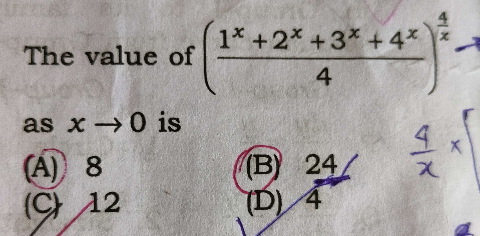 Solved The value of (1x+2x+3x+4x4)4x ﻿as x→0 | Chegg.com
