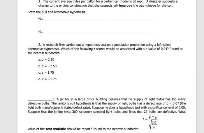 Solved 1 The Current Average Miles Per Gallon For A Cert Chegg Com