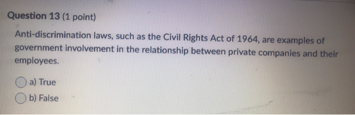 Solved Question 3 (1 point) The Civil Rights Act of 1964 has | Chegg.com