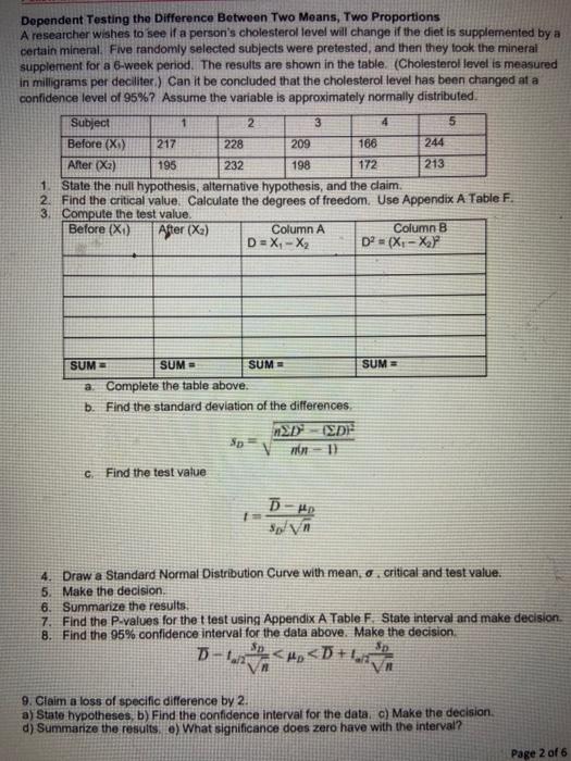 Solved Dependent Testing the Difference Between Two Means, | Chegg.com