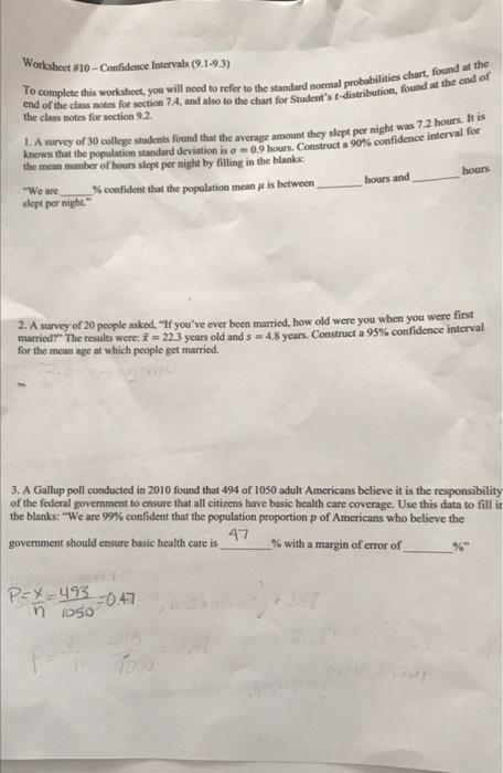 Solved Worksheet #10 - Confidence intervals (9.1-93) end of | Chegg.com