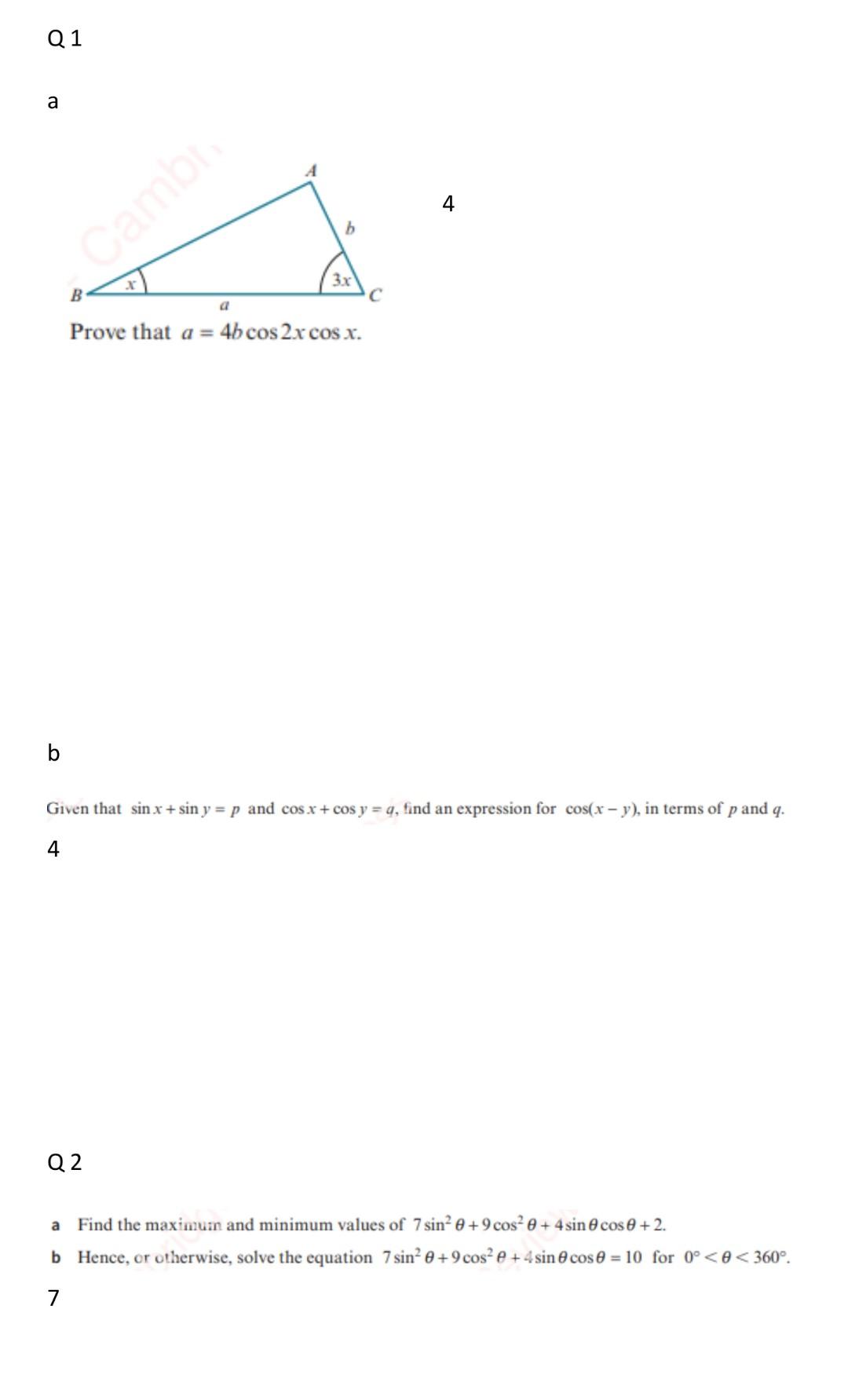 Solved Q1 A B Camb B с Prove That A = 4b Cos 2x Cos X. B 