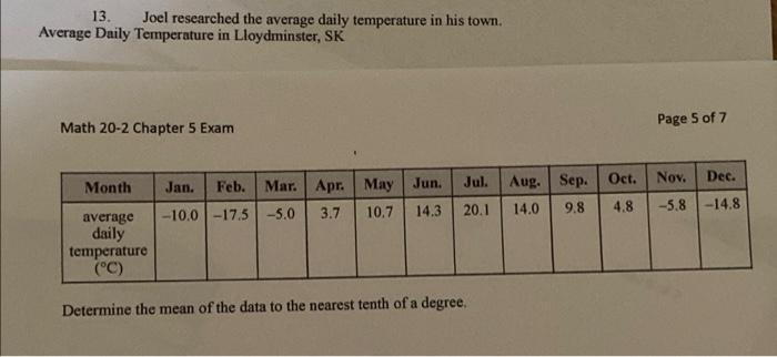 Solved 13. Joel researched the average daily temperature in | Chegg.com