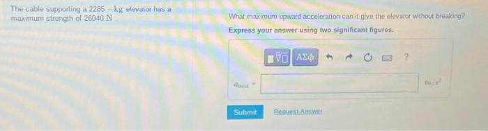 Solved The cable supporting a 2285−kg elevator has a maximum | Chegg.com