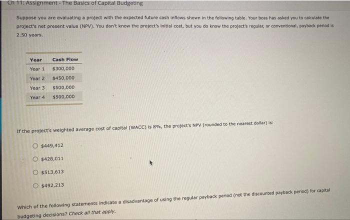 Solved ch 11: Assignment - The Basics of Capital Budgeting | Chegg.com