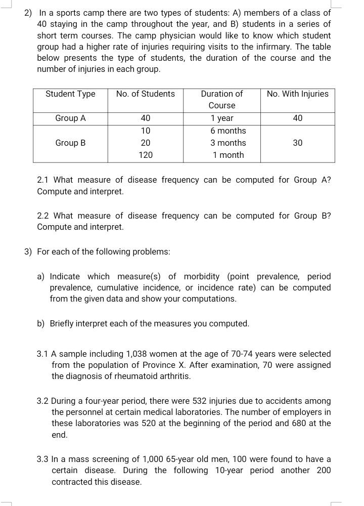 EXERCISE NO. 2 Prevalence And Incidence Rate 1) A | Chegg.com