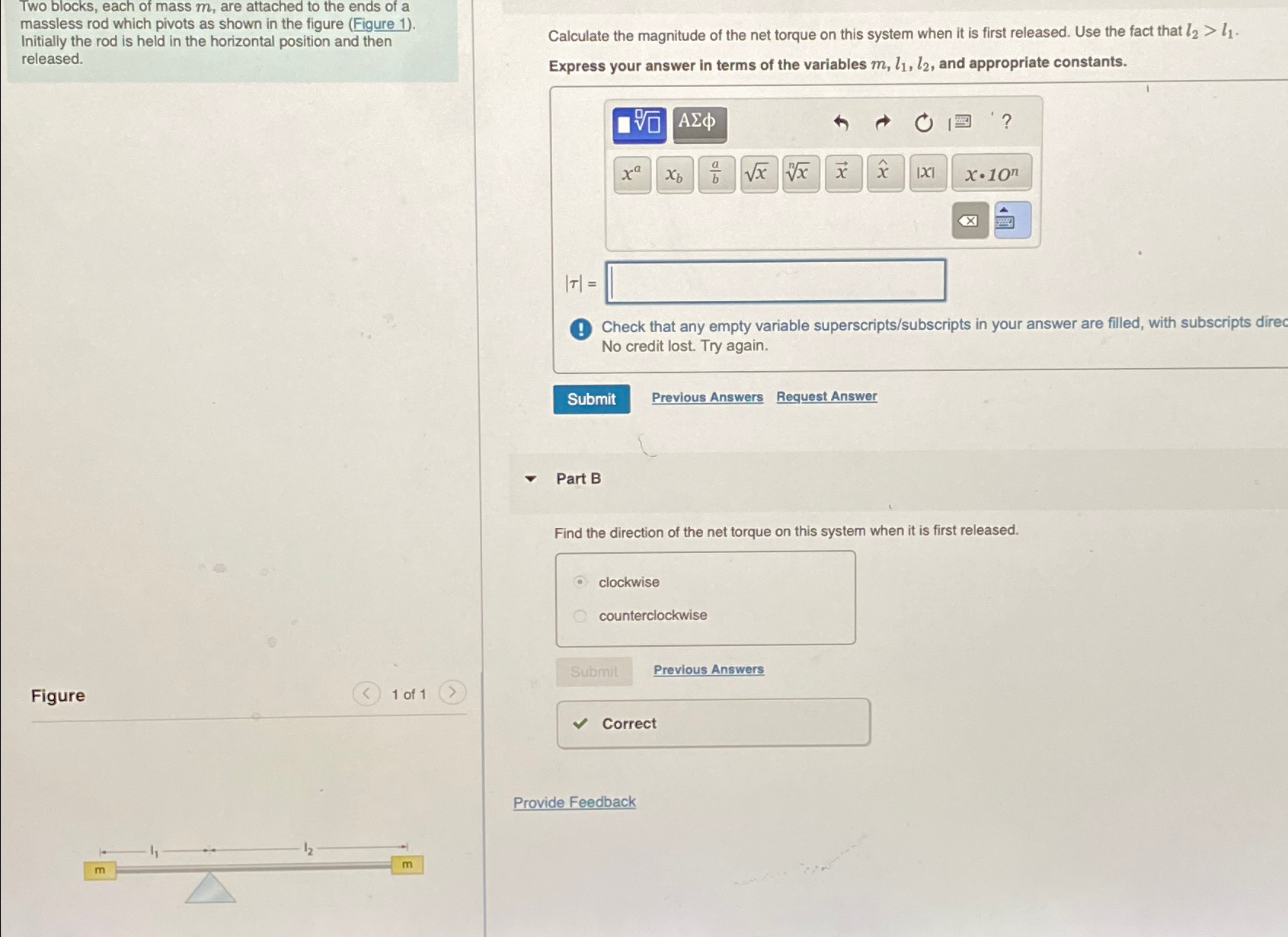 Solved Two blocks, each of mass m, ﻿are attached to the ends | Chegg.com