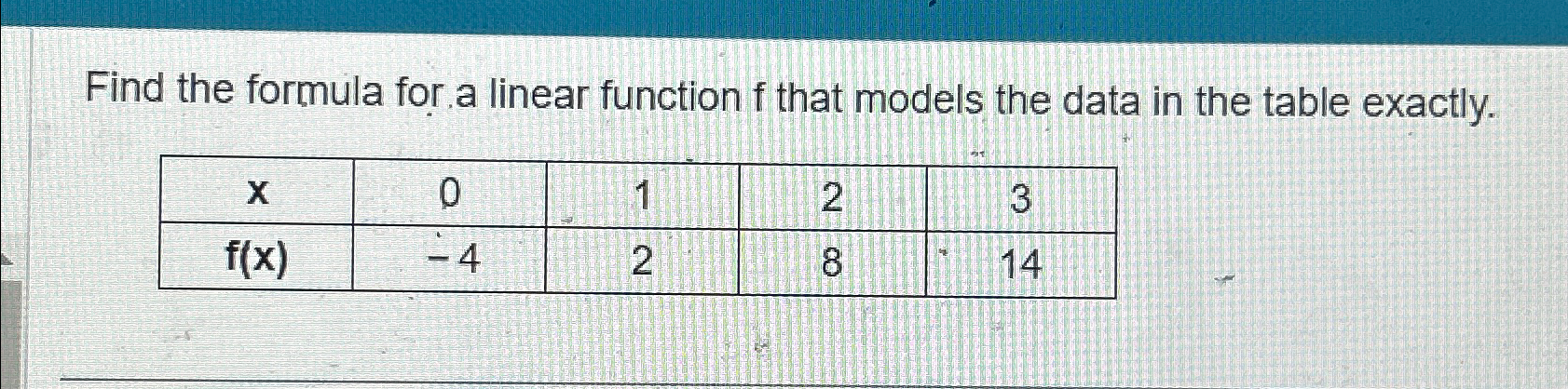 Solved Find the formula for a linear function f ﻿that models | Chegg.com