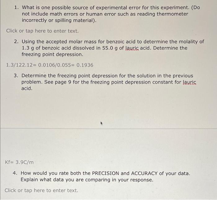 Solved 1. What is one possible source of experimental error | Chegg.com