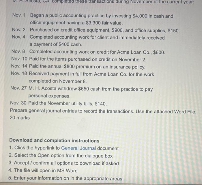 Solved Nov. 1 Began a public accounting practice by