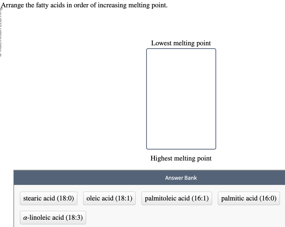 [Solved]: Arrange the fatty acids in order of increasing me