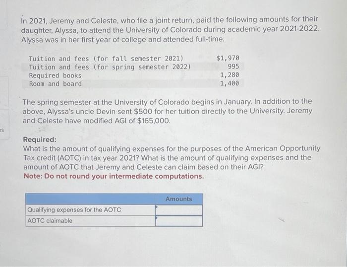 [Solved] In 2021, Jeremy and Celeste, who file a joint ret