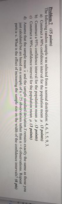 Solved Problem 7 (15 points) The following random sample was | Chegg.com