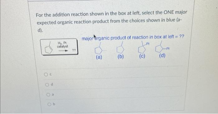 For the addition reaction shown in the box at left, select the ONE major expected organic reaction product from the choices s