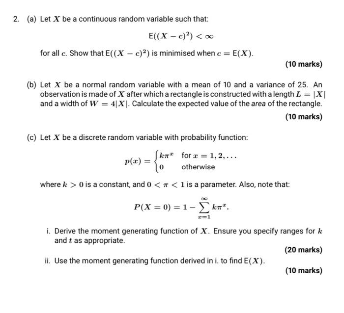 Solved 2. (a) Let X be a continuous random variable such | Chegg.com