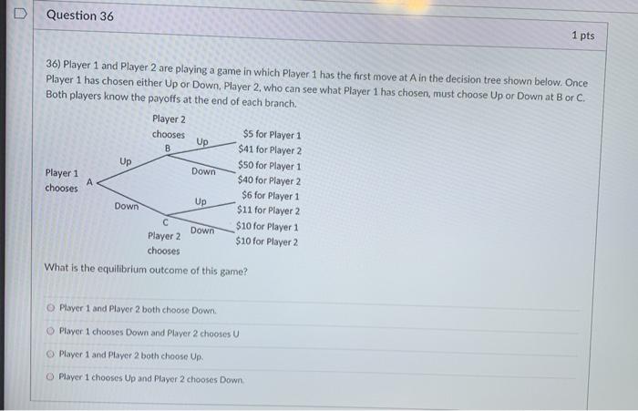 Solved Question 36 1 pts 36) Player 1 and Player 2 are | Chegg.com