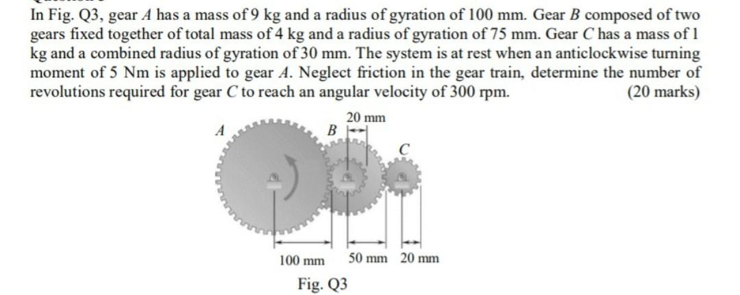 Solved In Fig. Q3, gear A has a mass of 9 kg and a radius of | Chegg.com