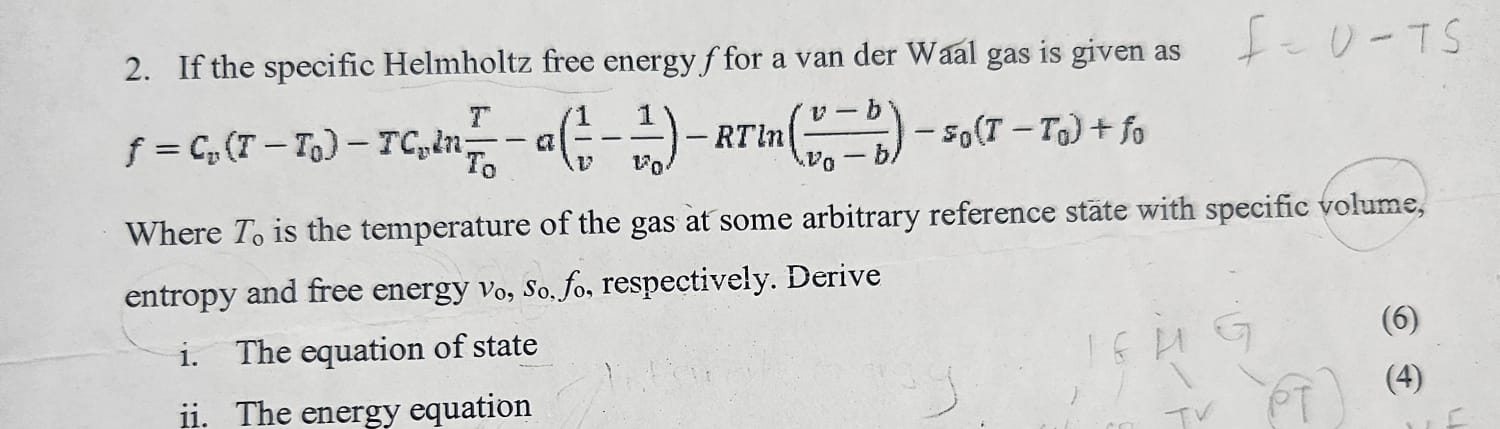 Solved If the specific Helmholtz free energy f ﻿for a van | Chegg.com