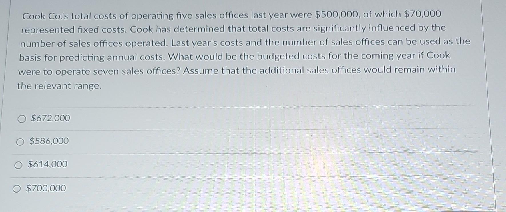 Solved Cook Co.'s total costs of operating five sales | Chegg.com