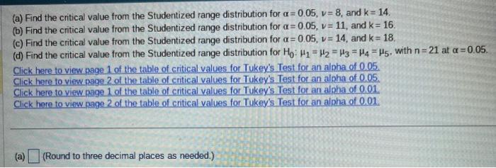 Solved (a) Find the critical value from the Studentized | Chegg.com