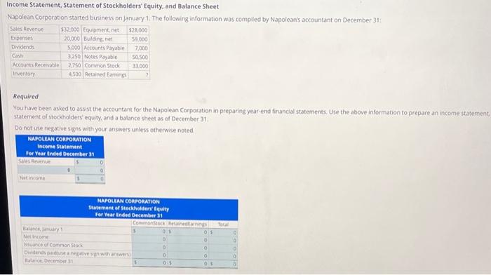 Solved Income Statement, Statement of Stockholders' Equity, | Chegg.com