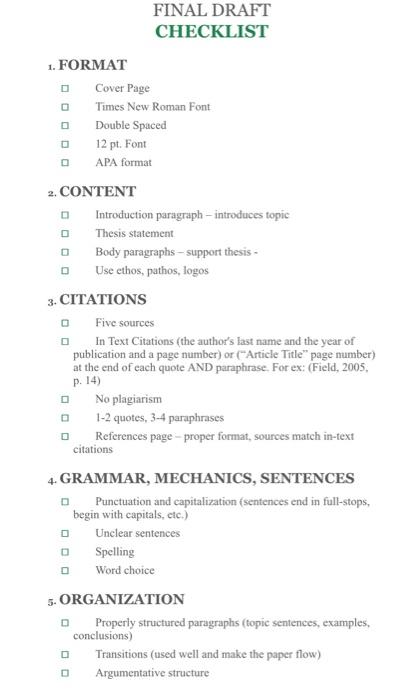 1 Final Draft Checklist 1 Format Cover Page Times