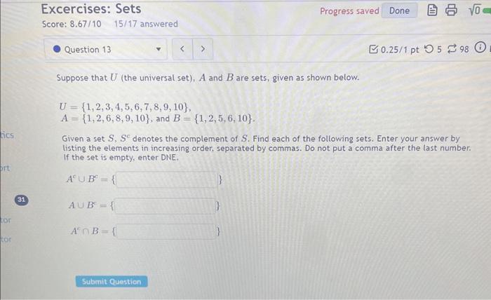 Solved Suppose That U (the Universal Set), A And B Are Sets, | Chegg.com