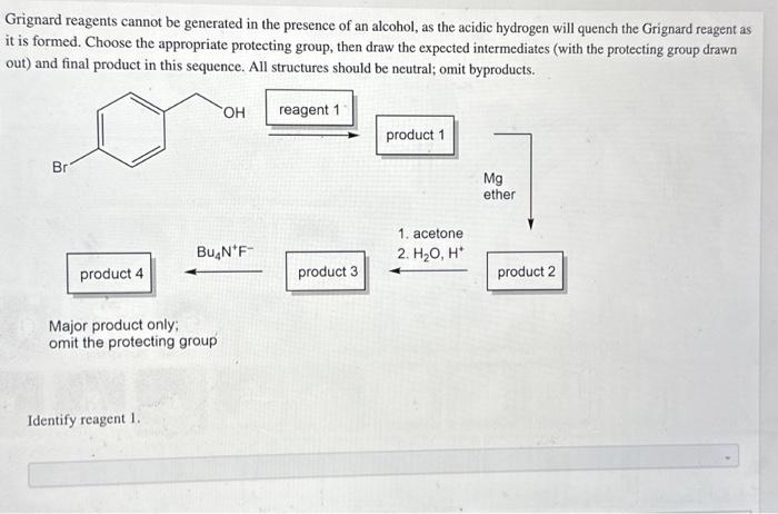 Grignard reagents cannot be generated in the presence of an alcohol, as the acidic hydrogen will quench the Grignard reagent
