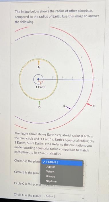 The image below shows the radius of other planets as compared to the radius of Earth. Use this image to answer the followine.