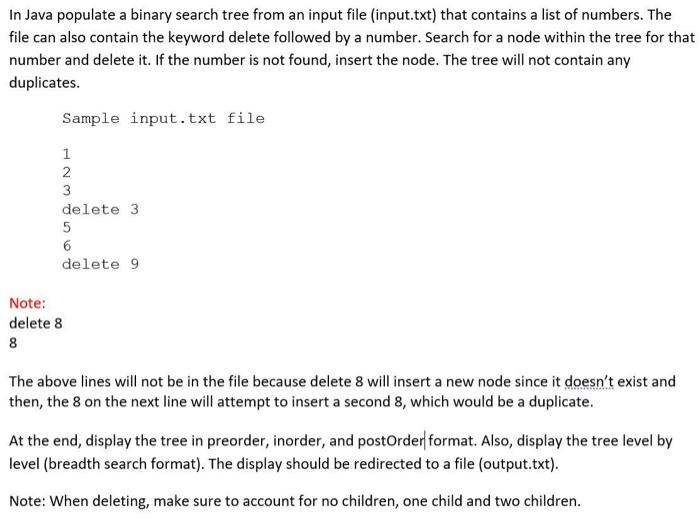 Solved In Java populate a binary search tree from an input | Chegg.com