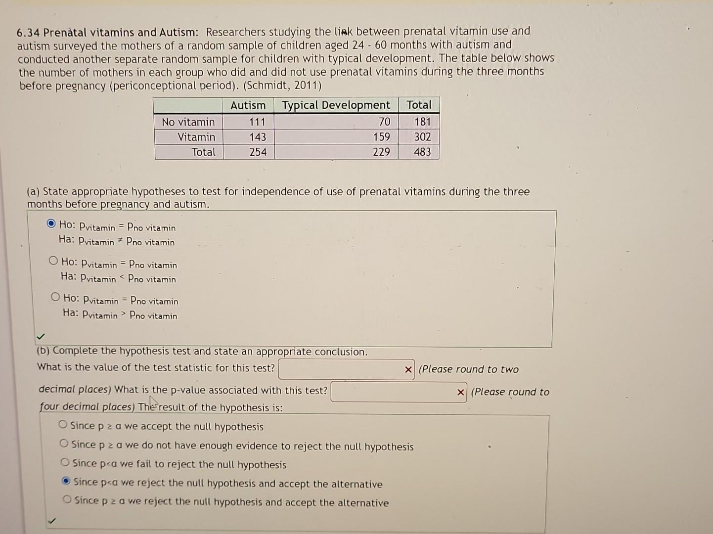 Solved 6.34 Prenatal vitamins and Autism Researchers